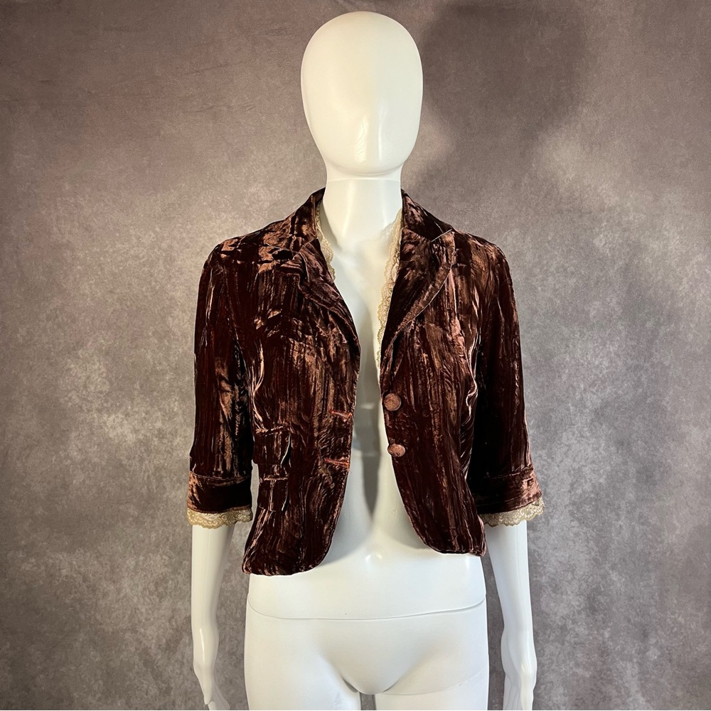 Whimsigoth Blazer Womens Small Brown Crushed Velvet Lace Trim Cropped 3/4 Sleeve